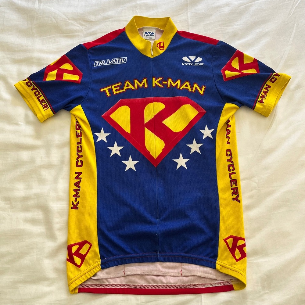Velo Cyclery Team K-Man blue and yellow cycling jersey